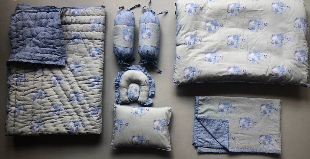 Grey And Blue Baby Elephant Printed Baby Bedding Set Of 7 Pcs
