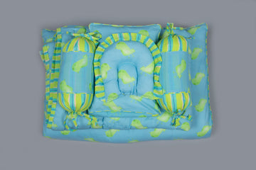 Aqua And Lime Green Little Bird Printed Baby Bedding Set Of 7 Pcs
