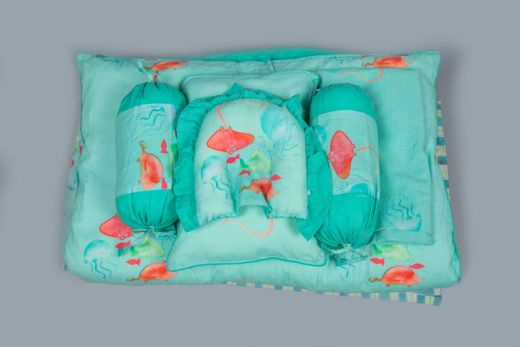 Aqua Underwater Printed Baby Bedding Set Of 7 Pcs