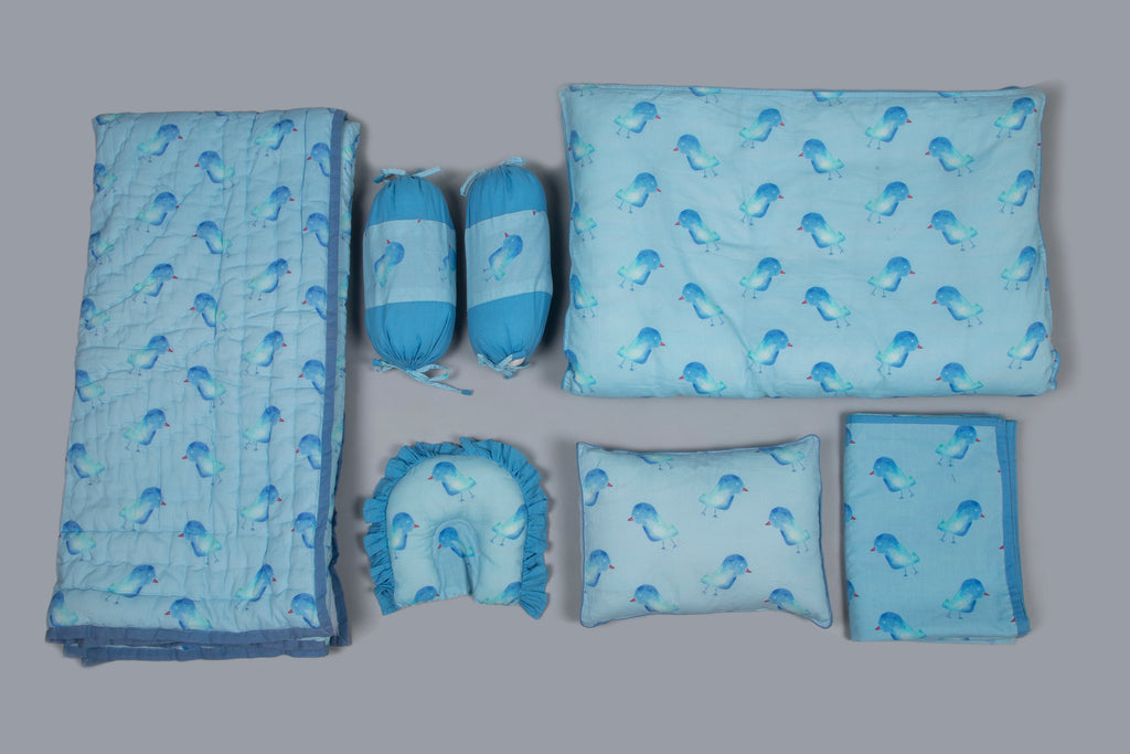 Blue Little Bird Printed Baby Bedding Set Of 7 Pcs