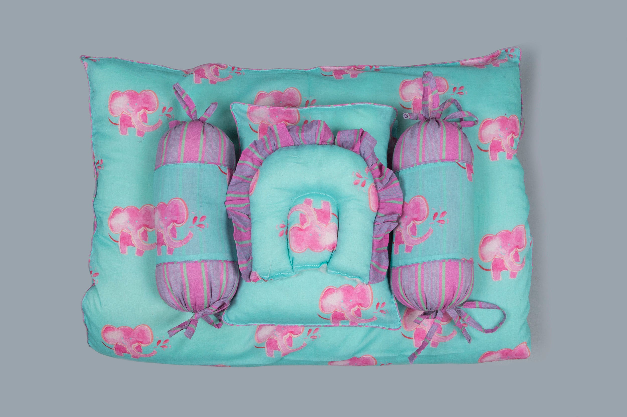 Aqua And Pink Baby Elephant Printed Baby Bedding Set Of Pcs