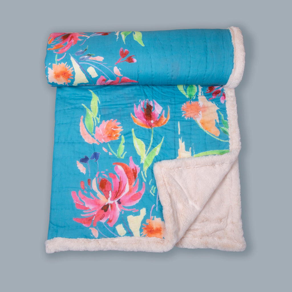 Teal Floral Printed Two In One Fur Quilt
