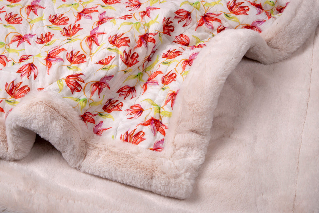 White And Red Floral Printed Two In One Fur Quilt