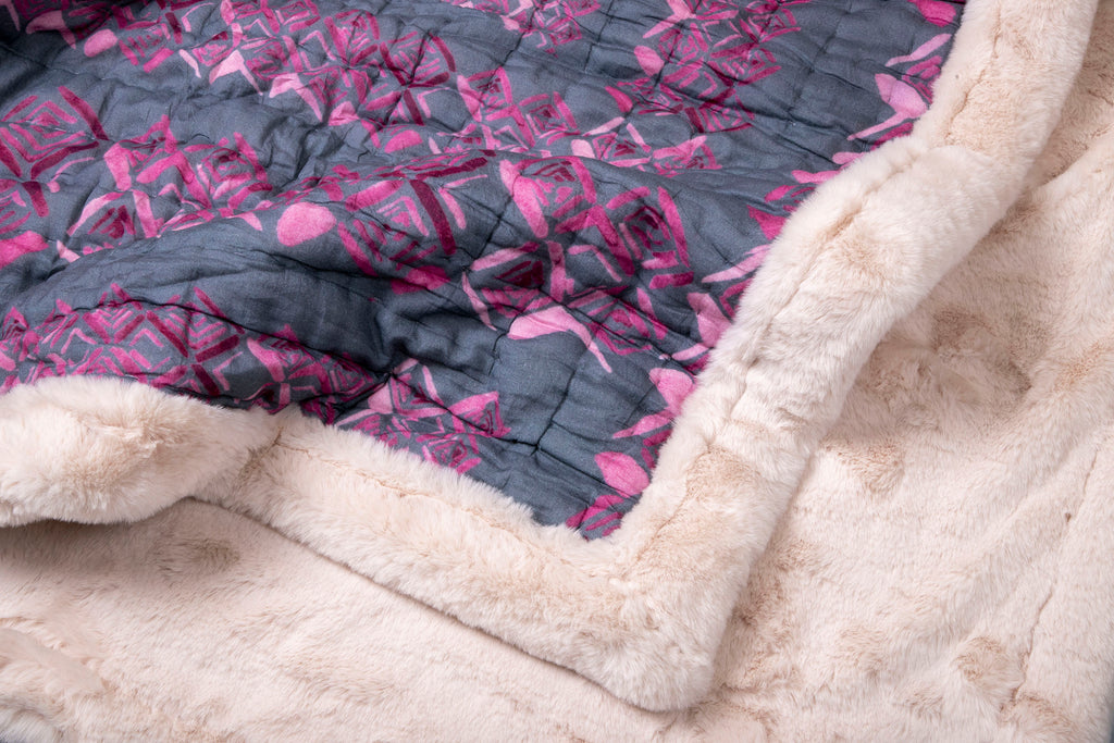 Grey And Rose Pink Colour Story Printed Two In One Fur Quilt