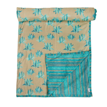 Brown And Turquoise Lotus Printed Duvet / Dohar