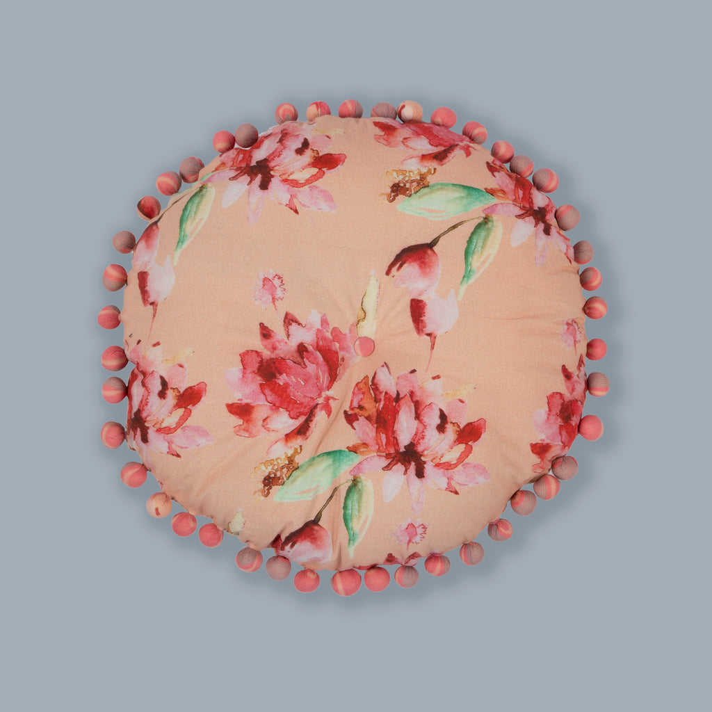 Peach Red Sacred Lotus Printed Decorative Round Filled Cushion