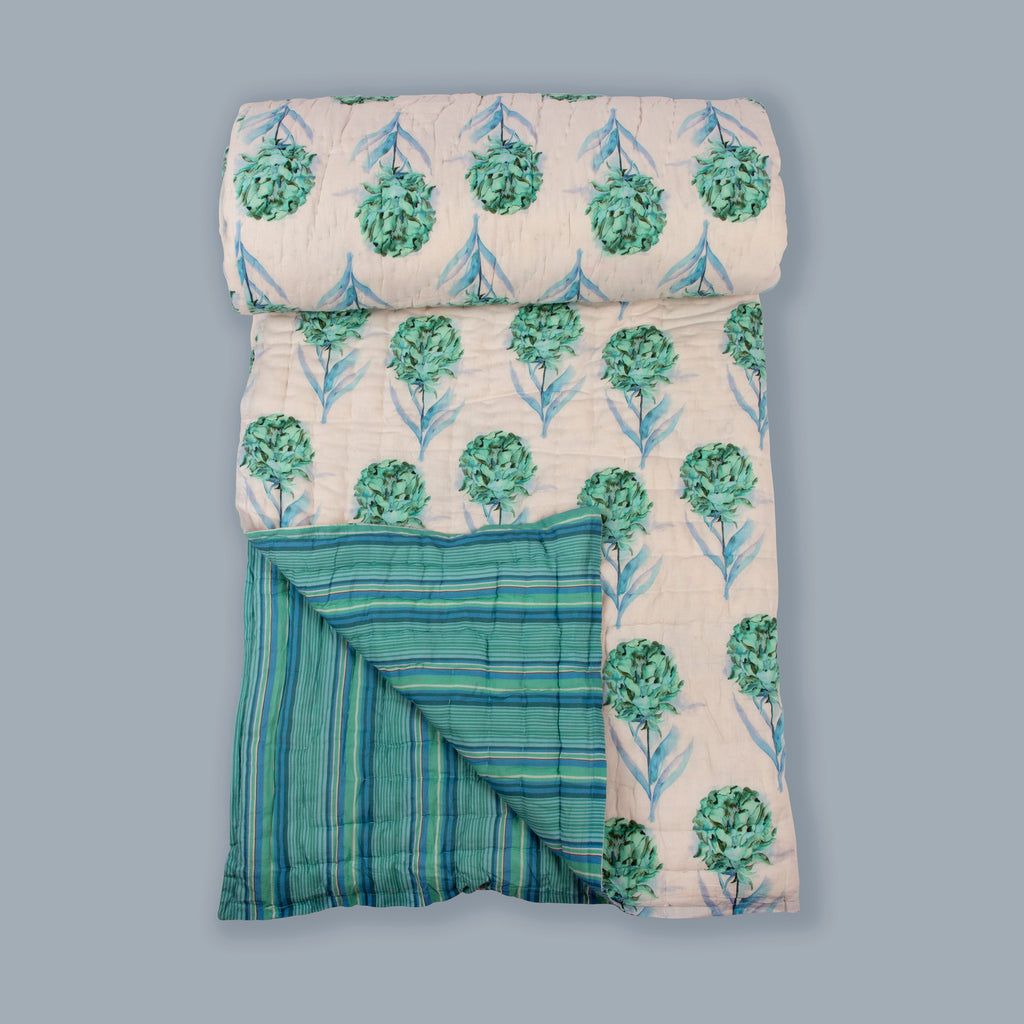 Peony White and Aqua Colour Printed Cotton Quilt | Jaipuri Razai