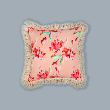 Peach and Red Sacred Lotus Printed Fey Cushion Cover
