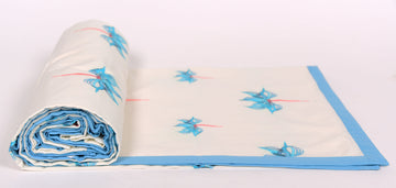 White And Sky Blue Floral Printed Duvet/ Dohar