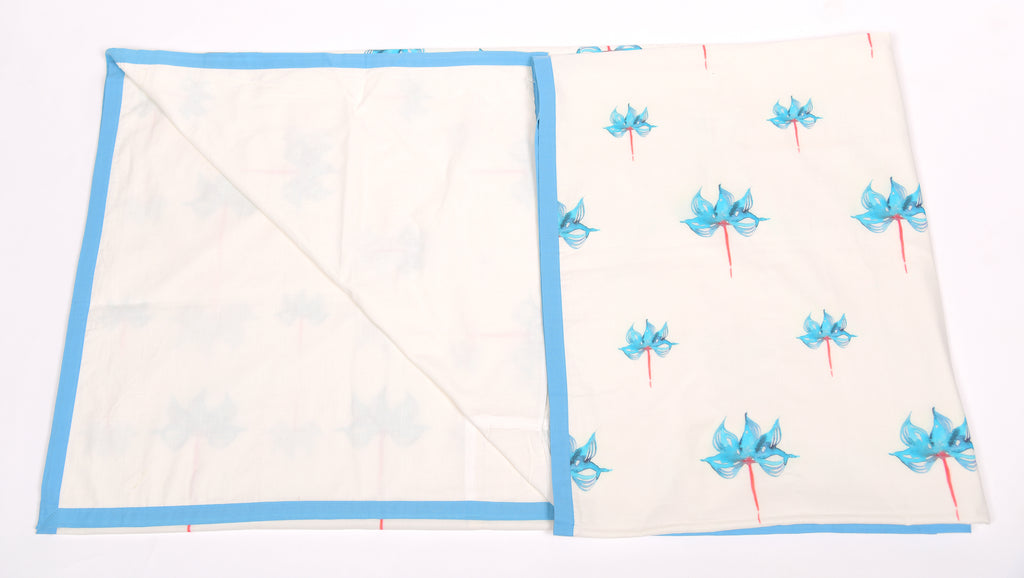 White And Sky Blue Floral Printed Duvet/ Dohar