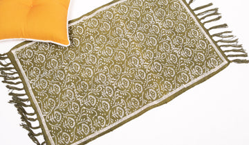 Dhurrie Rug - Hand Block printed in Olive Green 2ftx3ft