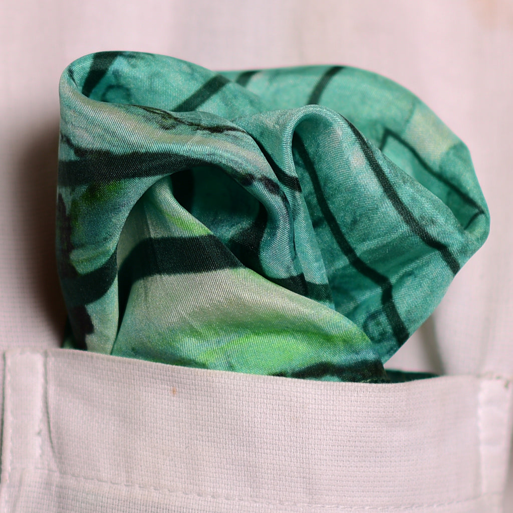 Aqua And Green Geometric Printed Pure Silk Pocket Square.