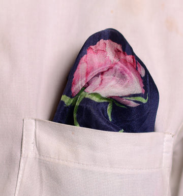 Dark Blue Rose Printed Pure Silk Pocket Square.