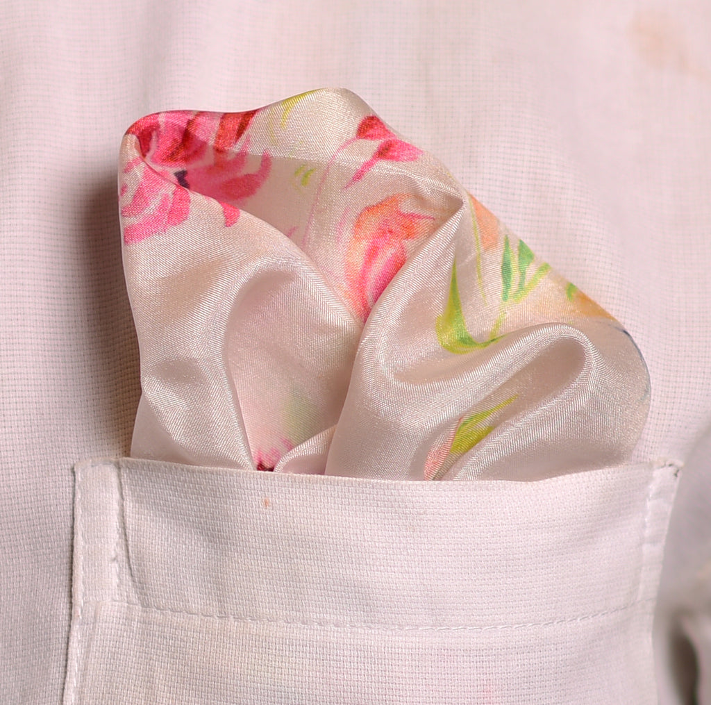 White And Red Dutch Iris Floral Printed Pure Silk Pocket Square.