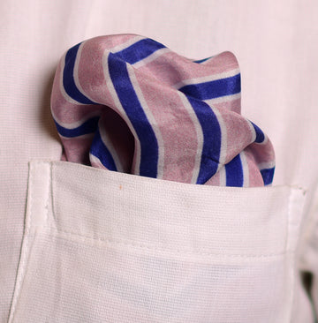 Peach And Blue Geometric Printed Pure Silk Pocket Square.