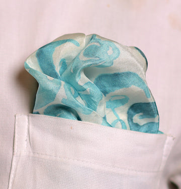 White And Aqua Floral Printed Pure Silk Pocket Square.