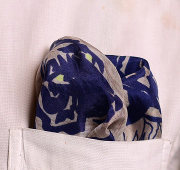 Grey And Blue Lion Printed Pure Silk Pocket Square.