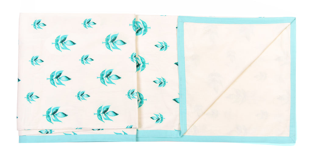 White And Aqua Leaves Printed Duvet/ Dohar