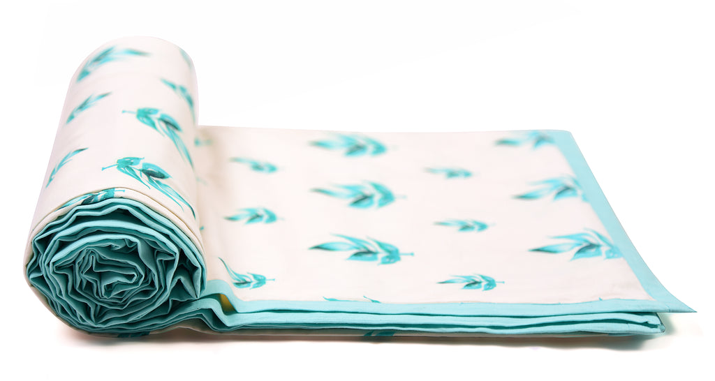 White And Aqua Leaves Printed Duvet/ Dohar