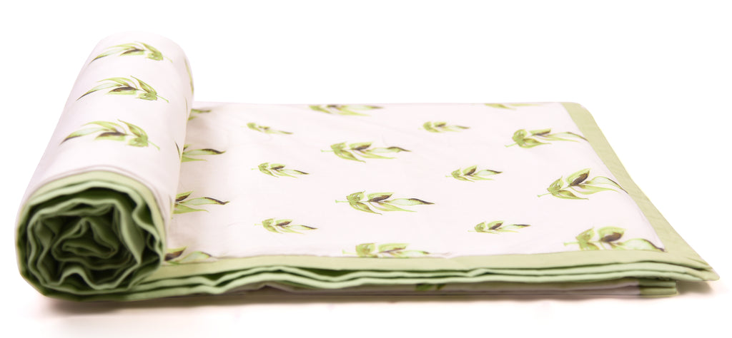 White And Olive Green Leaves Printed Duvet/ Dohar