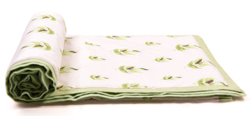 White And Olive Green Leaves Printed Duvet/ Dohar