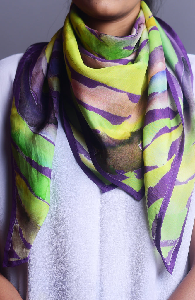 Lilac And Lime Green Water Twirl Printed Pure Silk Scarf