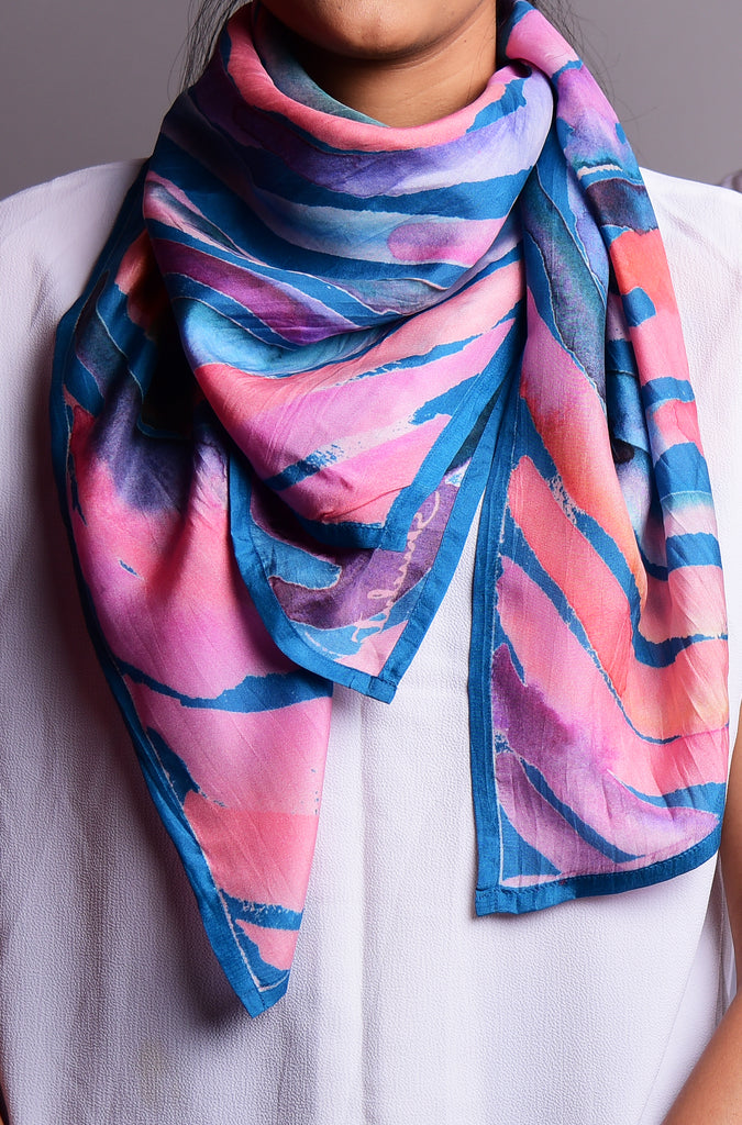 Blue And Pink Water Twirl Printed Pure Silk Scarf