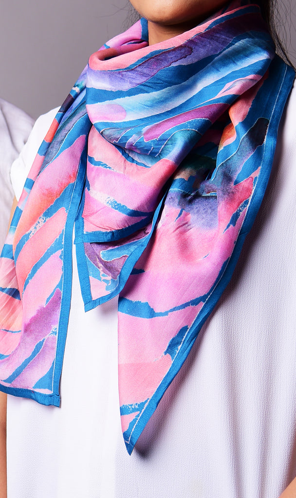 Blue And Pink Water Twirl Printed Pure Silk Scarf