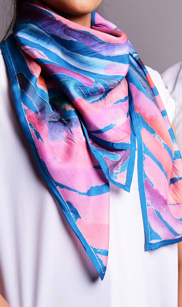 Blue And Pink Water Twirl Printed Pure Silk Scarf