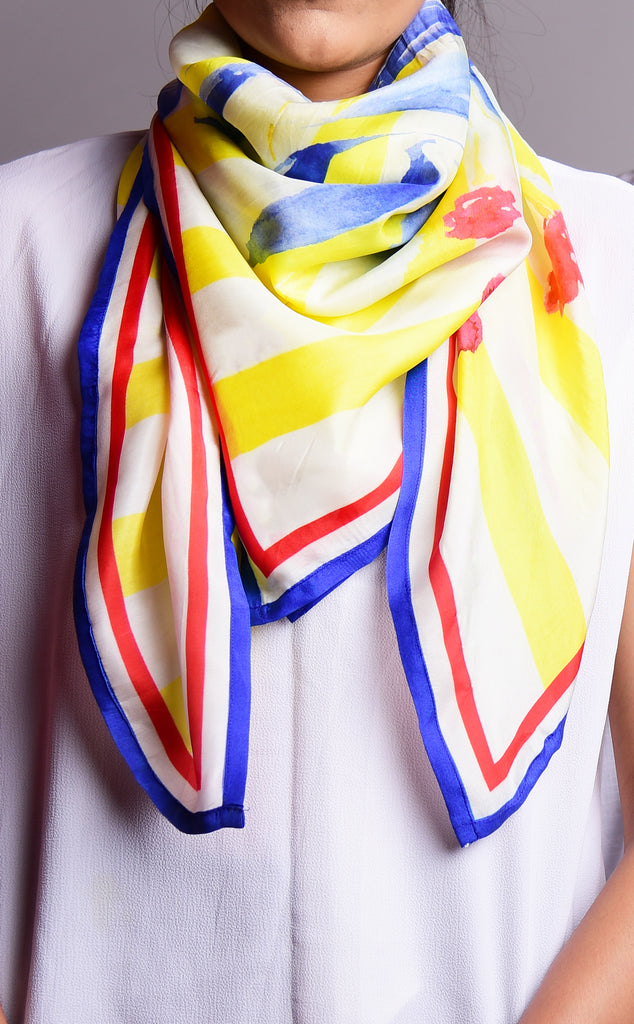 Blue And Yellow Lotus Printed Pure Silk Scarf