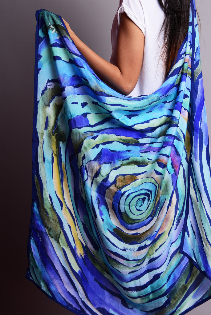 Blue And Aqua Water Twirl Printed Pure Silk Scarf