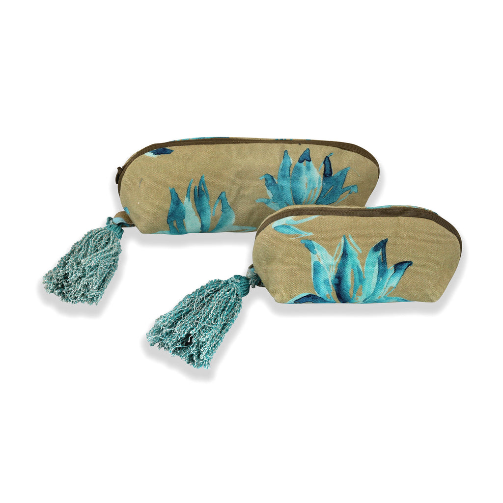 Brown And Aqua Lotus Printed Multi-utility Pouches