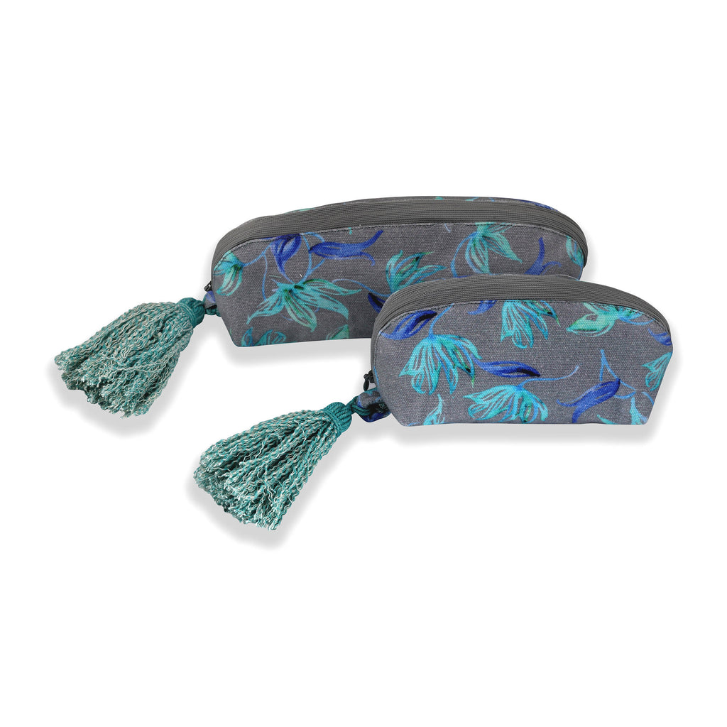Grey And Aqua Floral Printed Multi-utility Pouches