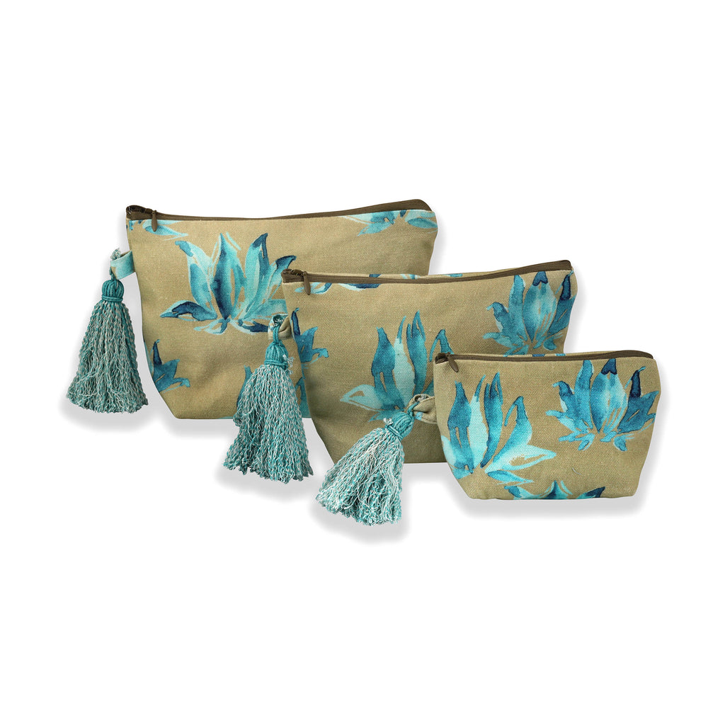 Brown And Aqua Lotus Printed Multi-utility Pouches