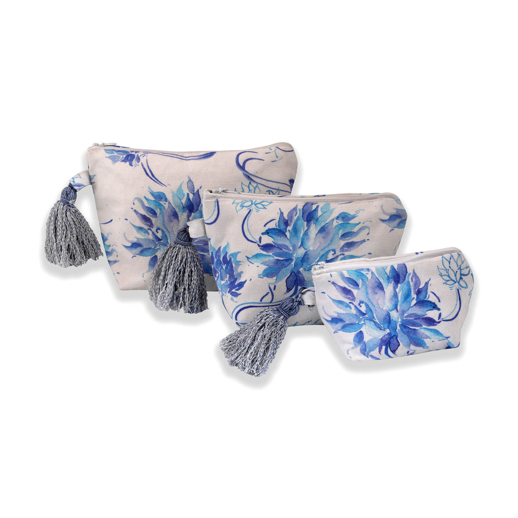 White And Blue Daheliya Floral Printed Multi-utility Pouches
