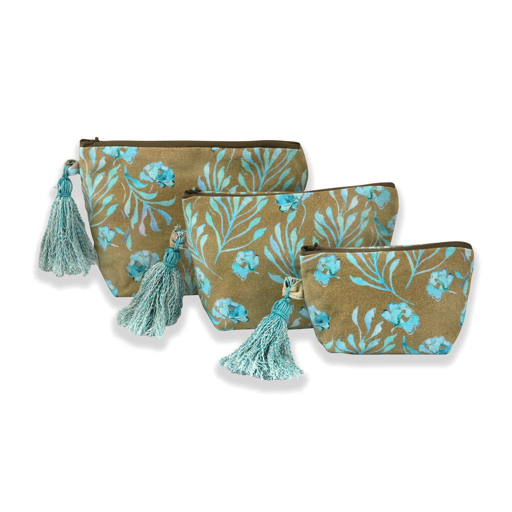 Brown And Aqua Floral Web Printed Multi-utility Pouches