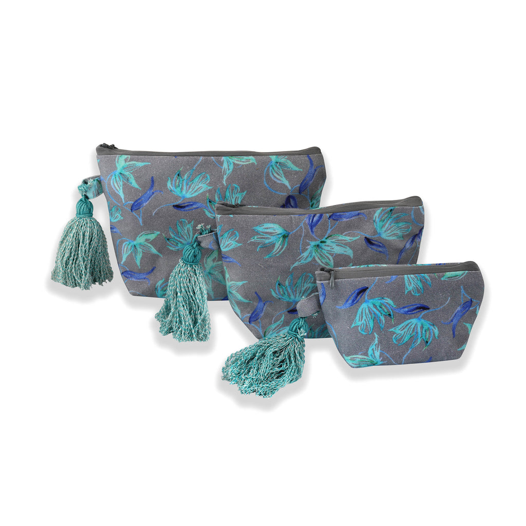 Grey And Aqua Floral Printed Multi-utility Pouches