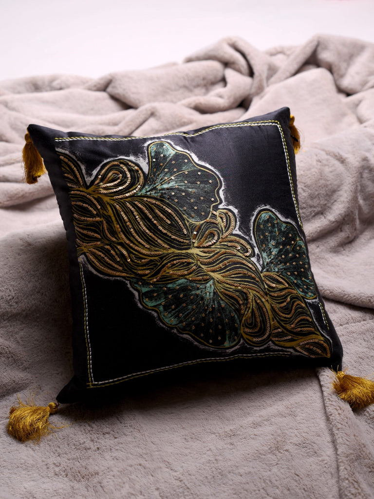 Aqua and Black Embelished Luxe Satin Embroidered Cushion Cover