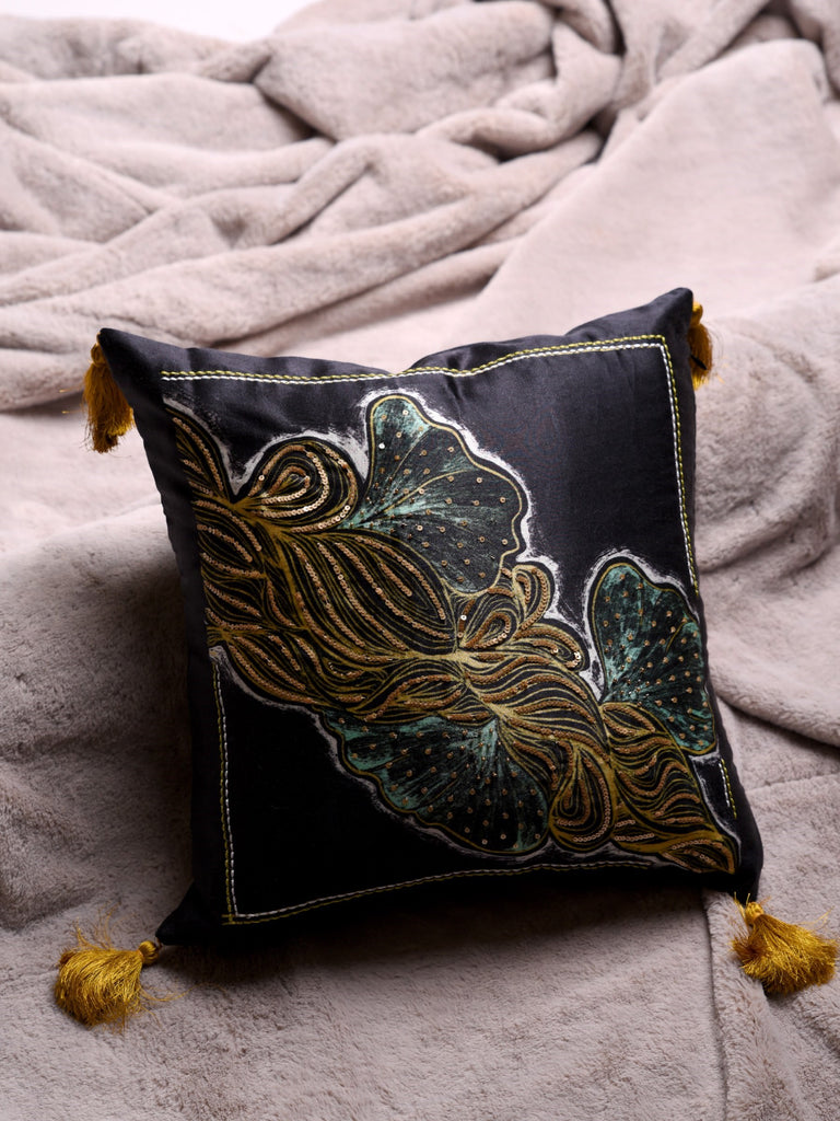 Aqua and Black Embelished Luxe Satin Embroidered Cushion Cover