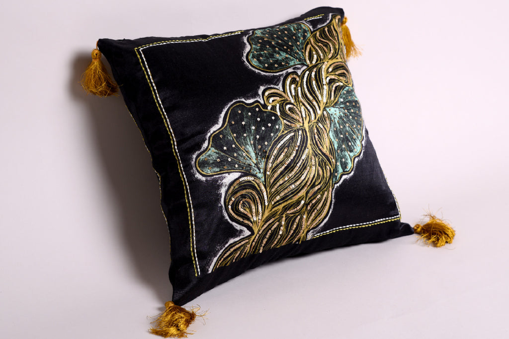 Aqua and Black Embelished Luxe Satin Embroidered Cushion Cover