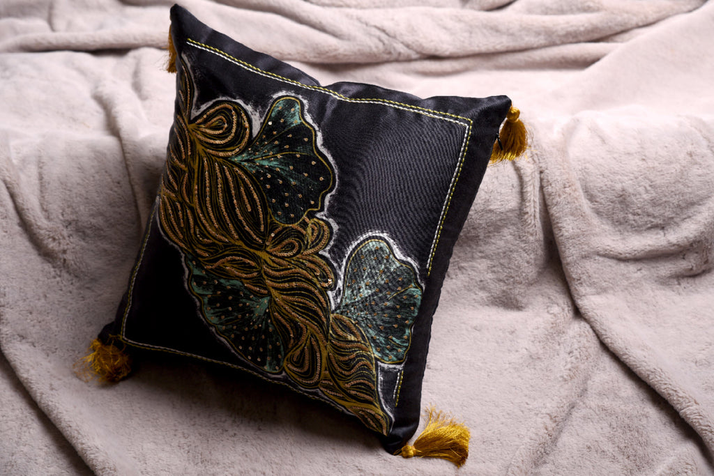 Aqua and Black Embelished Luxe Satin Embroidered Cushion Cover