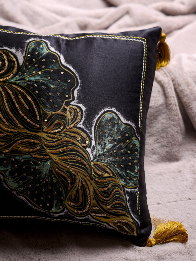 Aqua and Black Embelished Luxe Satin Embroidered Cushion Cover