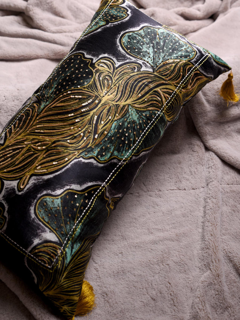 Aqua and Black Embelished Luxe Satin Embroidered Cushion Lumber Cushion