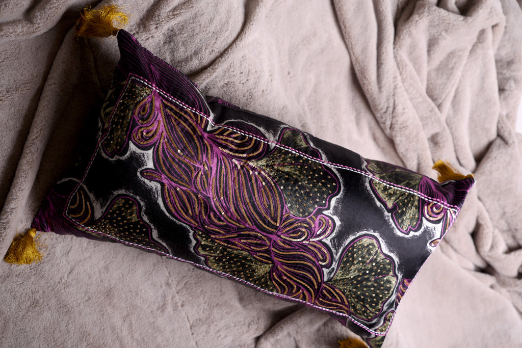 Pink and Black Embelished Luxe Satin Embroidered Cushion Lumber Cushion