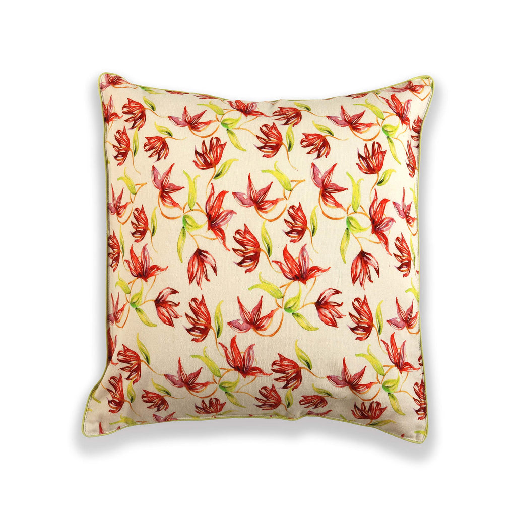 White And Red Floral Printed Cushion Cover