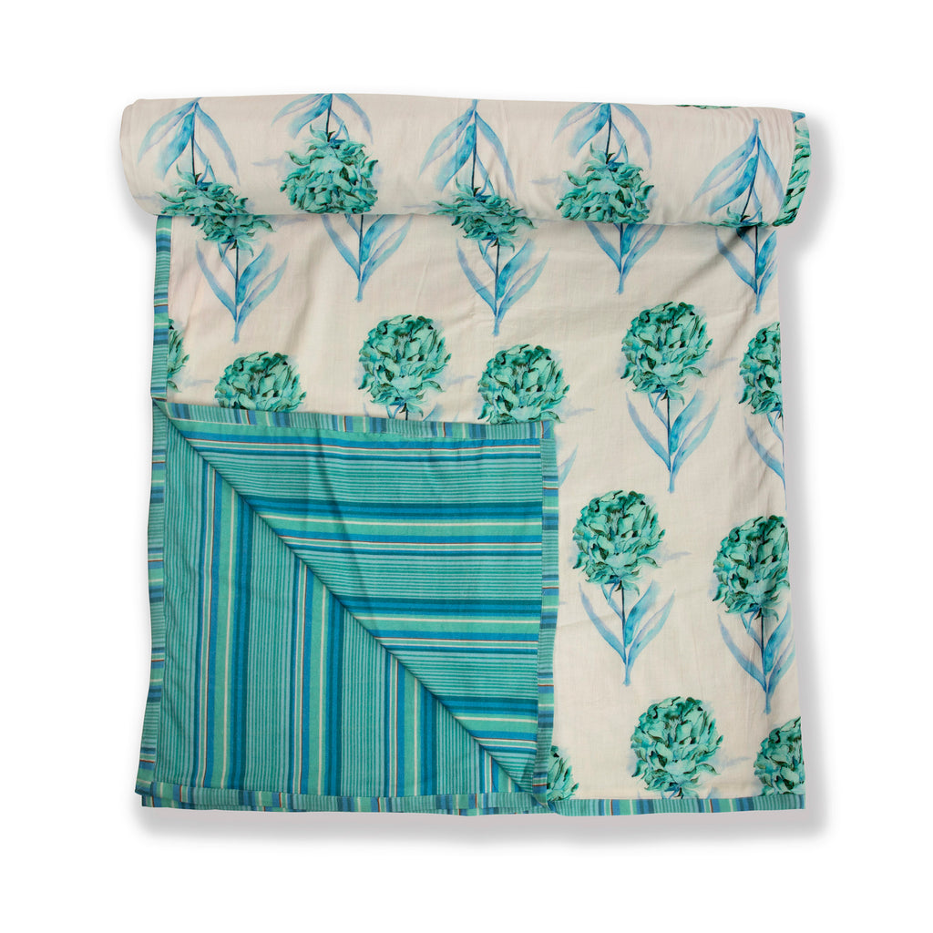 Peony White and Aqua Printed Duvet / Dohar