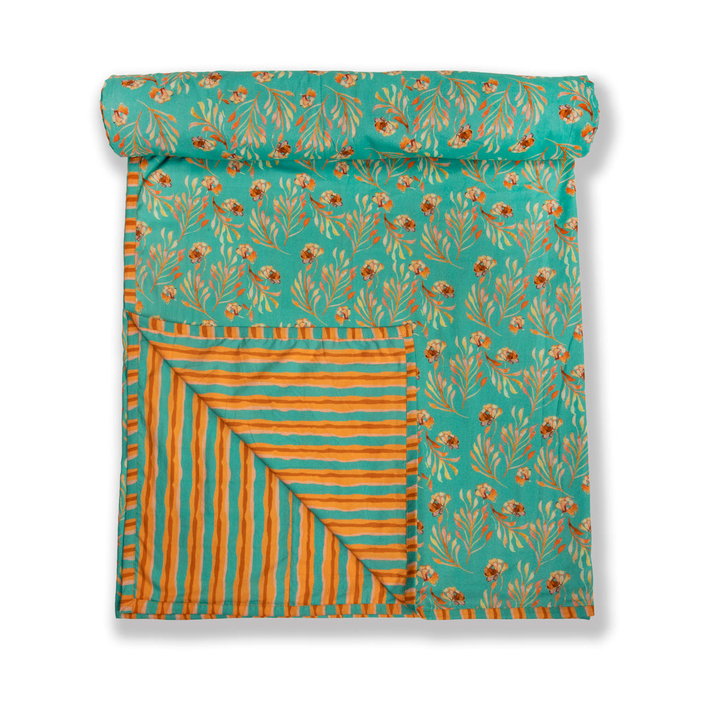 Aqua And Orange Floral Web Printed Duvet / Dohar