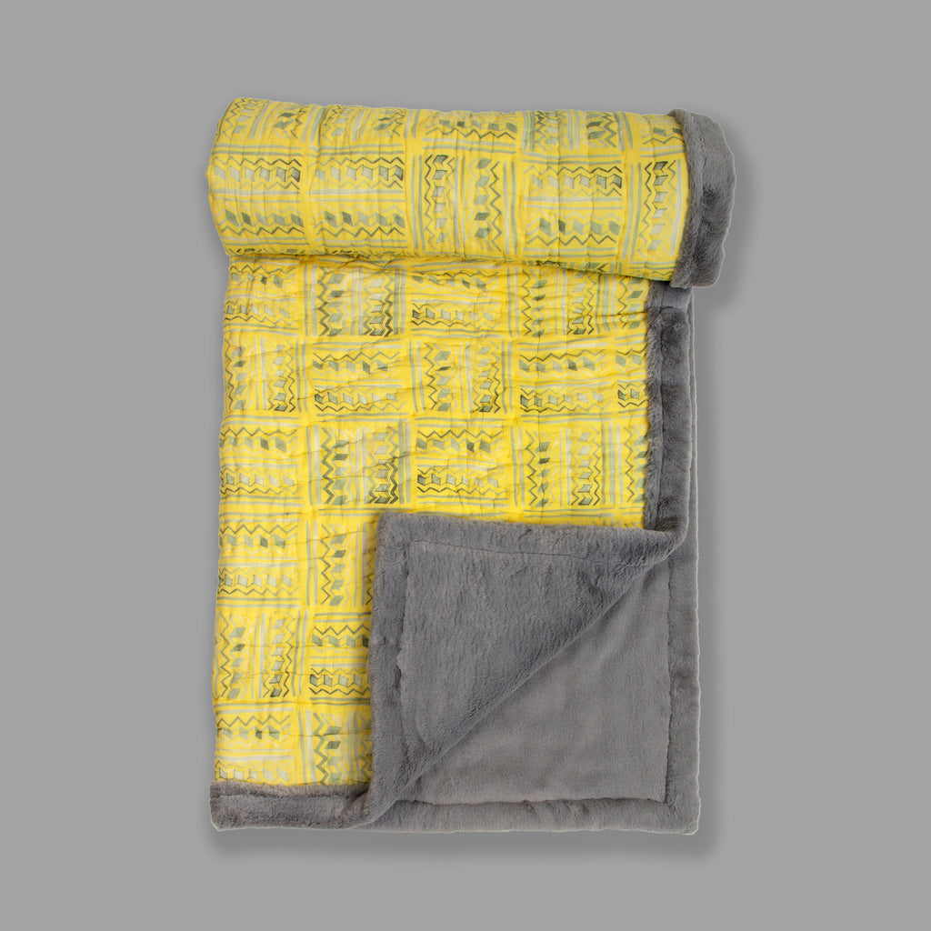 Yellow And Grey Colour Story Printed Two In One Fur Quilt