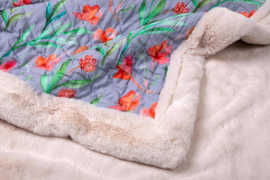 Grey And Red Tulip Garden Printed Two In One Fur Quilt