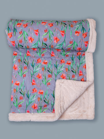 Grey And Red Tulip Garden Printed Two In One Fur Quilt